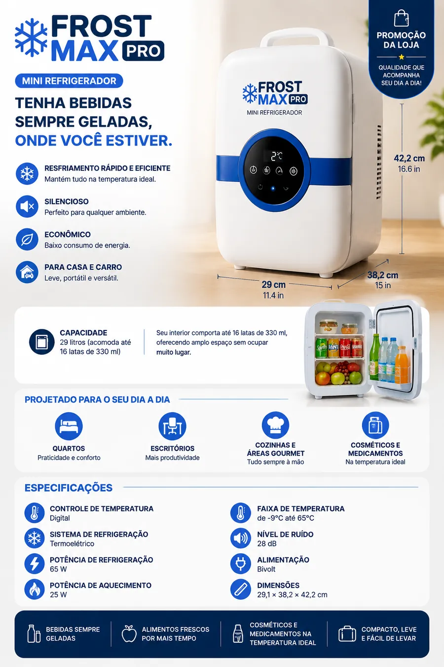 Descrição visual do Mini Frigobar Refrigerador Frost Max Pro 110/220V